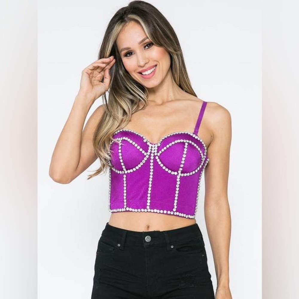 Lydia Rhinestone Bralette Crop Top Corset Bra, Size Small